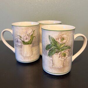 3 American Atelier At Home FLORAL BOUQUET Porcelain Cups ~ Peonies ~ Magnolias